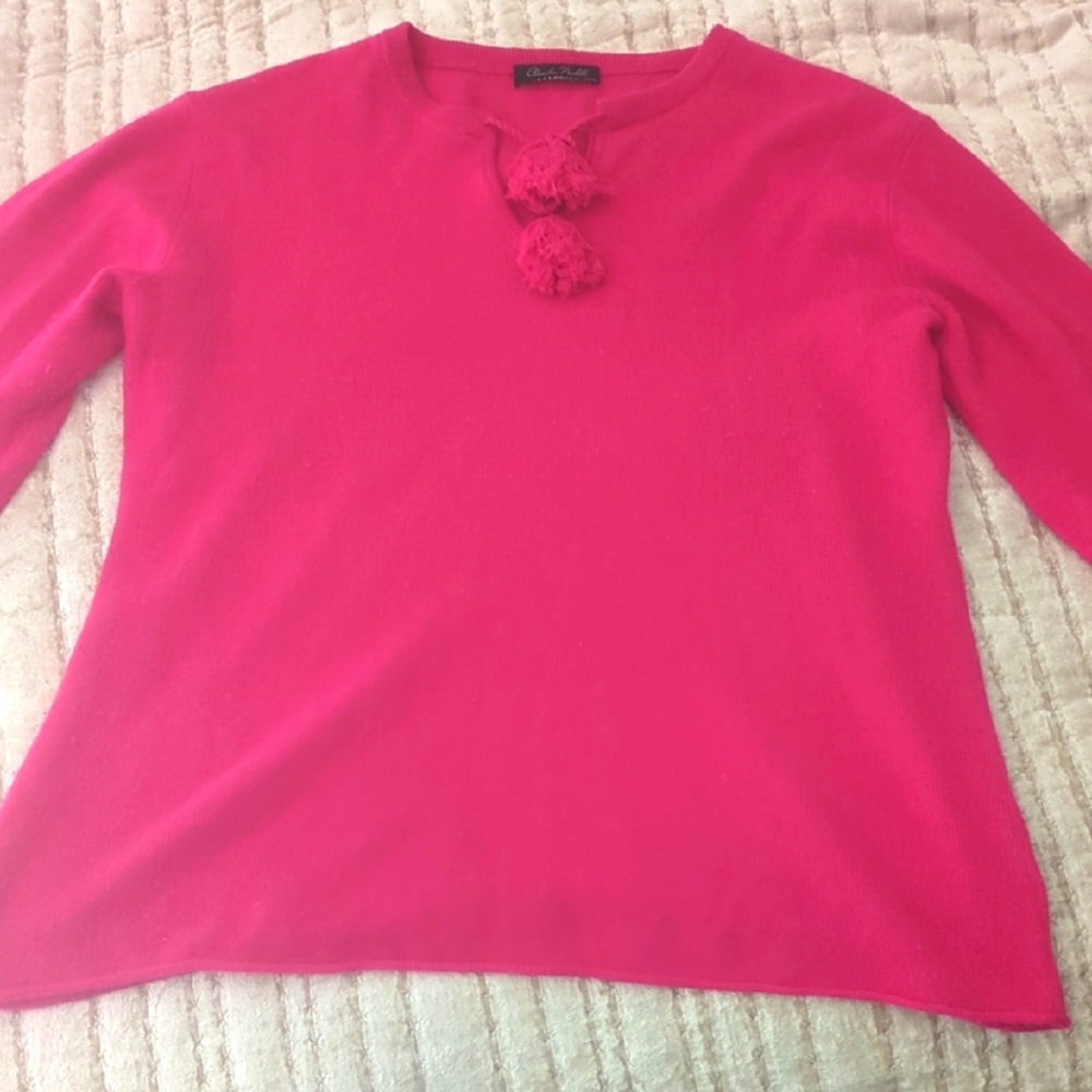 Pink CASHMERE Sweater with Pom Pom Accents XL